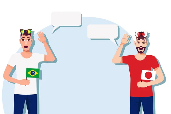 拿着巴西和日本国旗的男人案文的背景 巴西和日本母语人士之间的交流 矢量说明 — 图库矢量图片