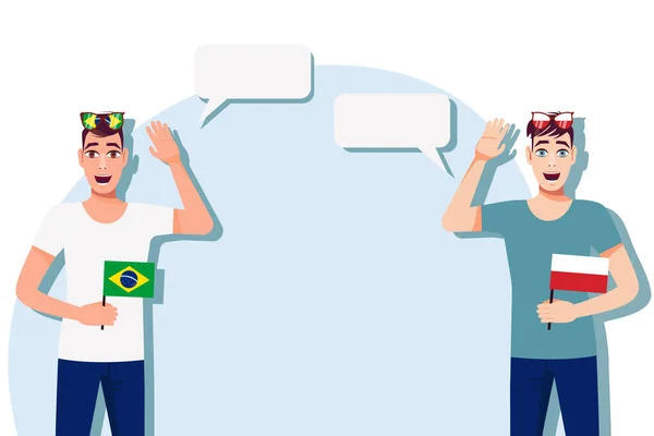 拿着巴西和波兰国旗的男人案文的背景 巴西和波兰之间体育 旅行和商业关系的概念 矢量说明 — 图库矢量图片