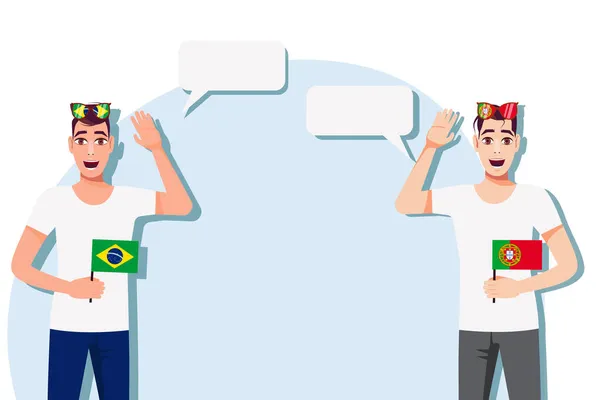 拿着巴西和葡萄牙国旗的男人案文的背景 巴西和葡萄牙母语人士之间的交流 矢量说明 — 图库矢量图片