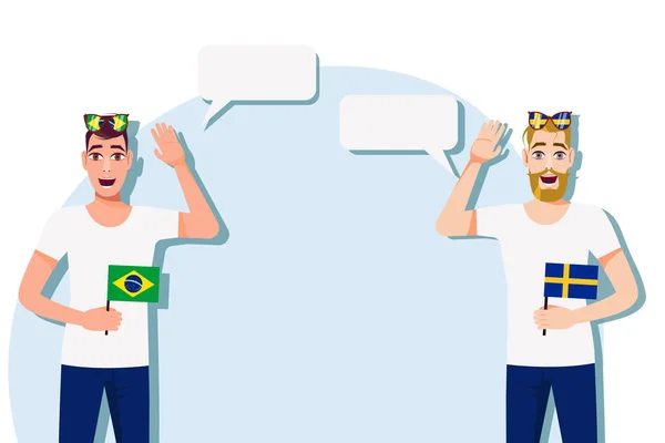 拿着巴西和瑞典国旗的男人国际交流 商业的概念 巴西和瑞典之间的对话 矢量说明 — 图库矢量图片