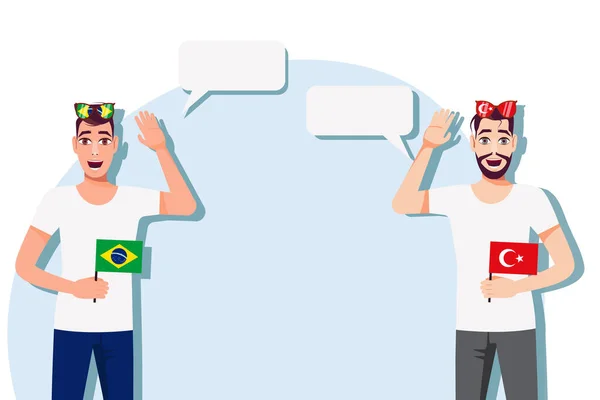 拿着巴西和土耳其国旗的男人国际交流 商业的概念 巴西和土耳其之间的对话 矢量说明 — 图库矢量图片