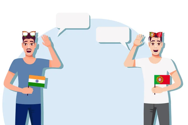 Muži Indiánskou Portugalskou Vlajkou Pozadí Textu Komunikace Mezi Rodilými Mluvčími — Stockový vektor