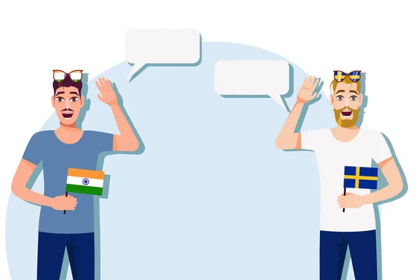 Mannen Met Indische Zweedse Vlaggen Het Concept Van Internationale Communicatie — Stockvector
