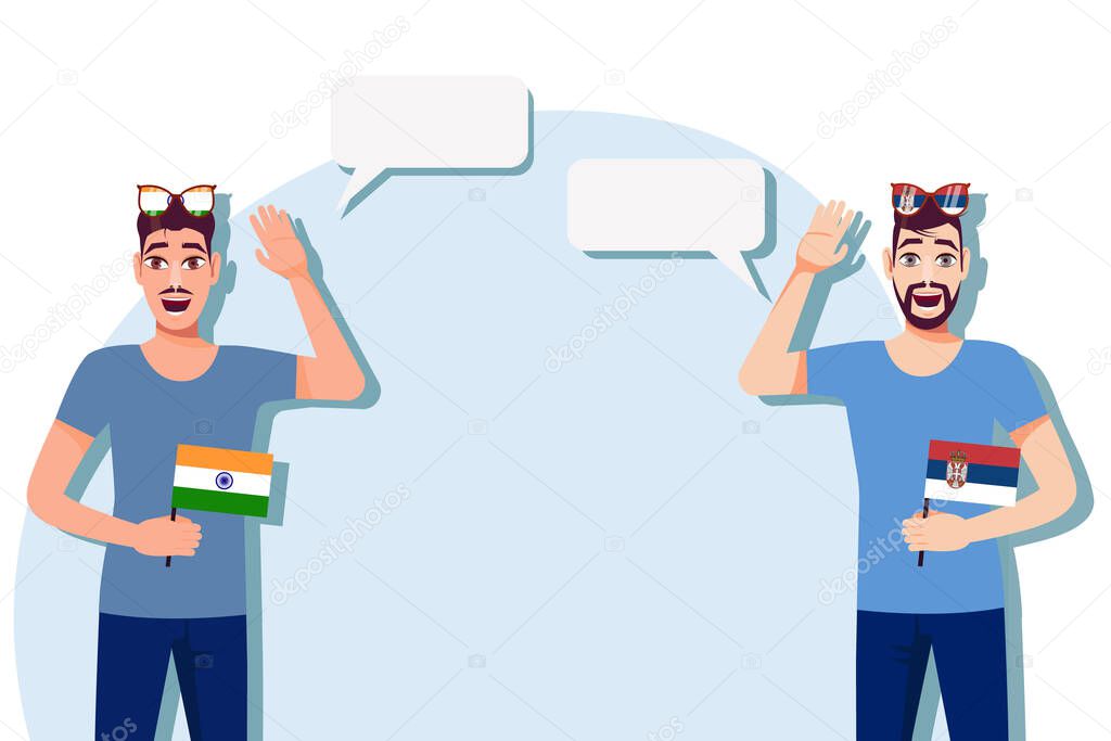 Vector illustration of people speaking the languages of India and Serbia. Illustration of translation, transcription and dialogue between India and Serbia. Indian and Serbian international communication.