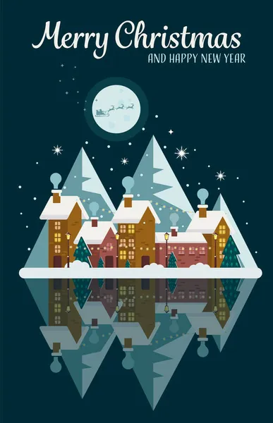贺卡上有夜间装饰的冬城 群山和灯笼 月亮与圣诞老人和鹿 用扁平的方式表示矢量图解 — 图库矢量图片