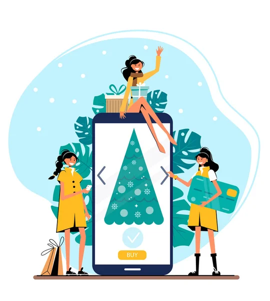 ビジネスシリーズ クリスマスオンラインショップ 女性のショッピングの現代的なフラットベクトルイラストのコンセプト ウェブサイトの相互作用 購入プロセス クリスマスツリーを買う 平型ベクトルイラスト — ストックベクタ