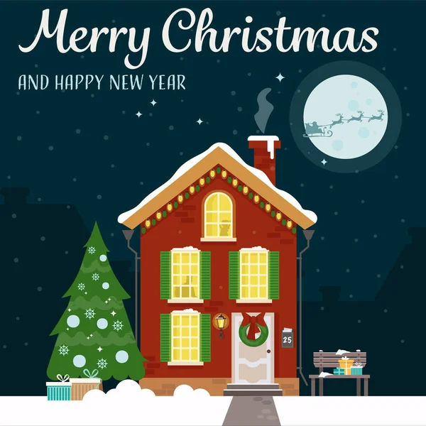 一座漂亮的房子 装饰着圣诞树 长椅和礼物 作为节日的装饰 问候卡 平面样式的矢量图解 — 图库矢量图片