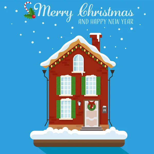 圣诞别墅有雪彩灯 新年快乐 平的动画片样式向量例证 — 图库矢量图片