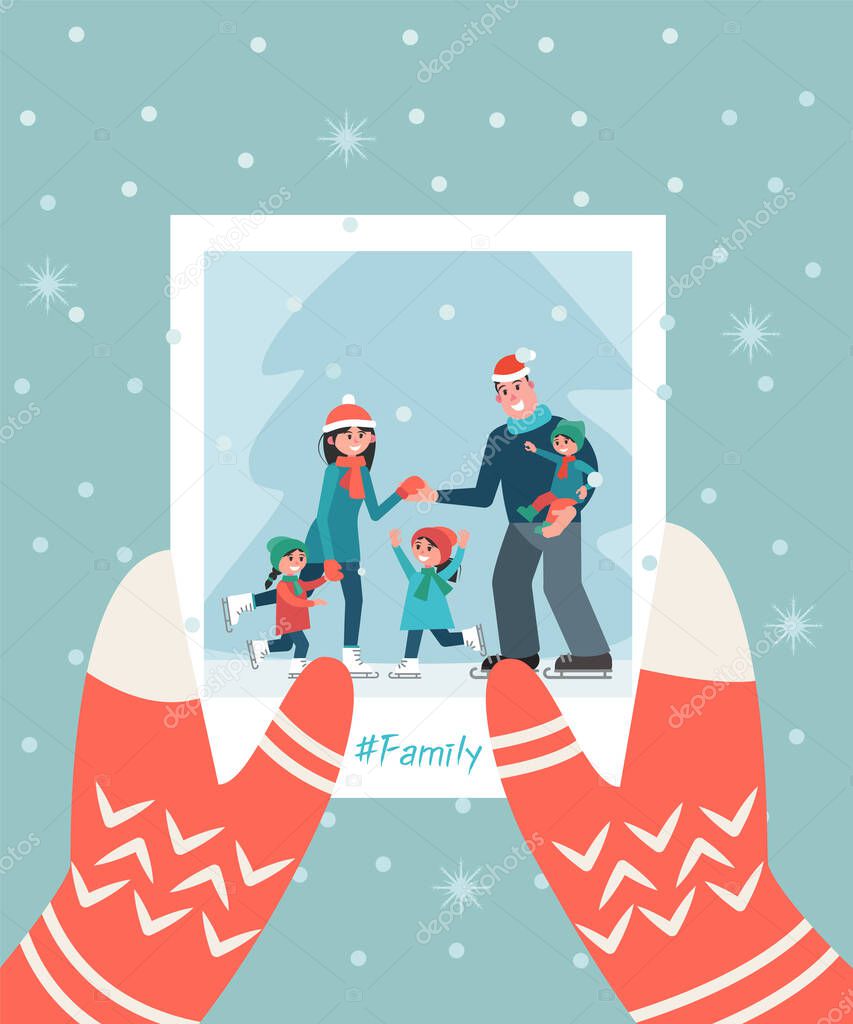 A photograph with a family in hand. Winter Christmas concept. Family photo on a background of snowflakes. Vector illustration in a flat style.