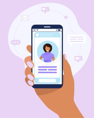 Telefonu eline al. Sosyal medya profili. Kadın avatarı olan akıllı telefon, mesaj ve düğme. Siyah kadın. Beğenileri ve mesajları olan simgeler farklıdır. Düz biçimli vektör illüstrasyonu.