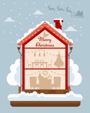 Kış dekore edilmiş ev. Tebrik kartı. Detaylı modern iç mekan. Mobilyalı odalar. Düz biçim vektör illüstrasyonu.