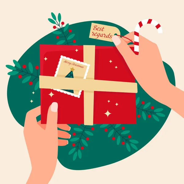 Mani Stanno Tenendo Regalo Natale Rosso Con Biglietto Auguri Illustrazione — Vettoriale Stock