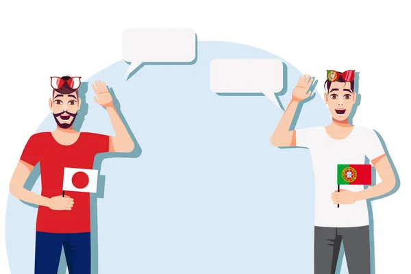 Mannen Met Japanse Portugese Vlaggen Het Concept Van Internationale Communicatie — Stockvector