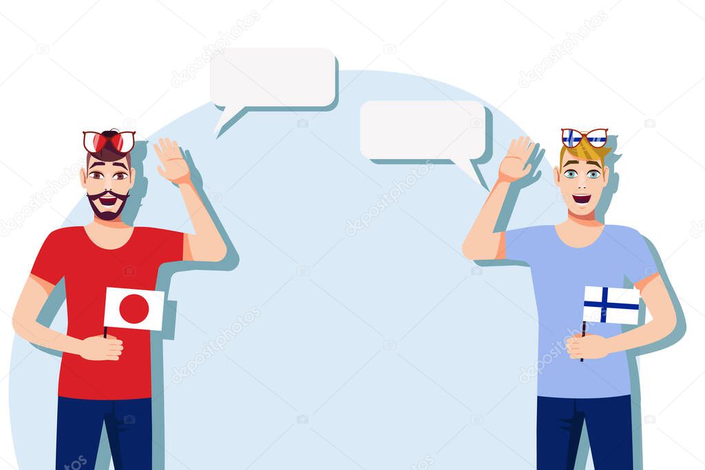 Men with Japanese and Finnish flags. Background for text. Communication between native speakers of Japan and Finland. Vector illustration.