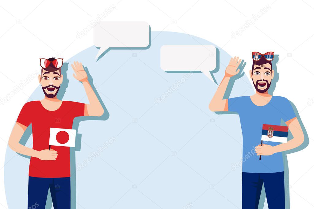 Vector illustration of people speaking the languages of Japan and Serbia. Illustration of translation, transcription and dialogue between Japan and Serbia. Japanese and Serbian international communication.