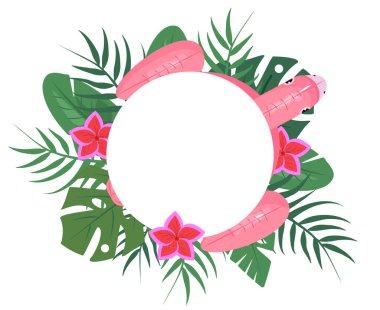 Tropik yaprakları, çiçekleri ve pembe flamingoları olan yuvarlak bir çerçeve. Davetiyeler, promosyonlar, satışlar ve etkinlikler için arka plan. Vektör illüstrasyonu.