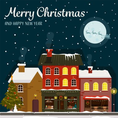 Eski kasaba ve Noel Baba 'nın Noel kartı. Hediye dükkanı, kafe, kardan adam ve ağaç. Düz vektör illüstrasyonu.