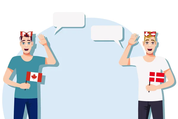 Mannen Met Canadese Deense Vlaggen Achtergrond Van Tekst Communicatie Tussen — Stockvector