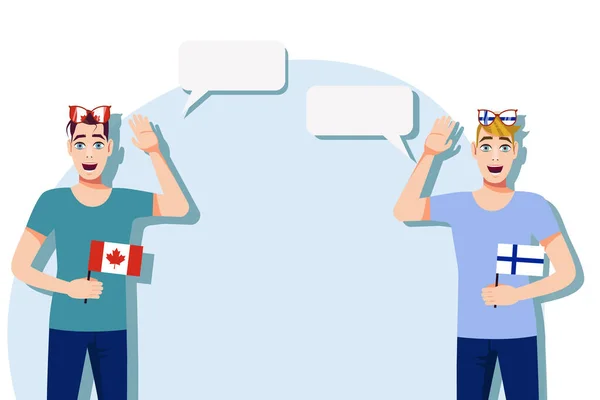 カナダとフィンランドの旗を持つ男性 テキストの背景 言語の母語話者間のコミュニケーション ベクターイラスト — ストックベクタ