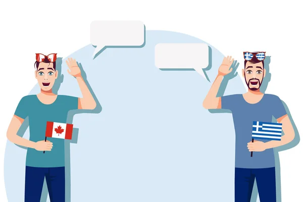 Menn Med Kanadiske Greske Flagg Bakgrunn Sms Kommunikasjon Mellom Innfødt – stockvektor
