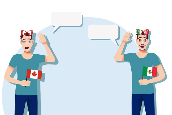 カナダとメキシコの旗を持つ男性 テキストの背景 カナダとメキシコの母語話者間のコミュニケーション ベクターイラスト — ストックベクタ