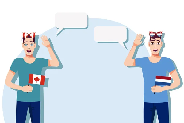 Mannen Met Canadese Nederlandse Vlaggen Het Concept Van Internationale Communicatie — Stockvector