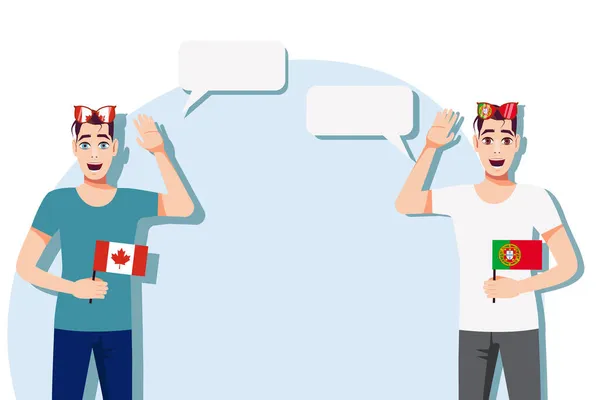 Mannen Met Canadese Portugese Vlaggen Achtergrond Voor Tekst Communicatie Tussen — Stockvector