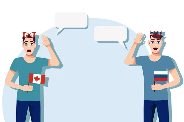 Mannen Met Canadese Russische Vlaggen Achtergrond Van Tekst Het Concept — Stockvector