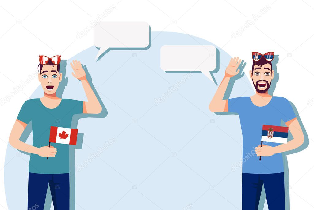 The concept of international communication, sports, education, business between Canada and Serbia. Men with Canadian and Serbian flags. Vector illustration.