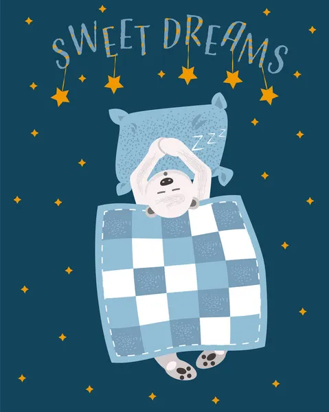 Αρκουδάκι Κοιμάται Στο Κρεβάτι Όνειρα Γλυκά Επίπεδη Διανυσματική Απεικόνιση — Διανυσματικό Αρχείο