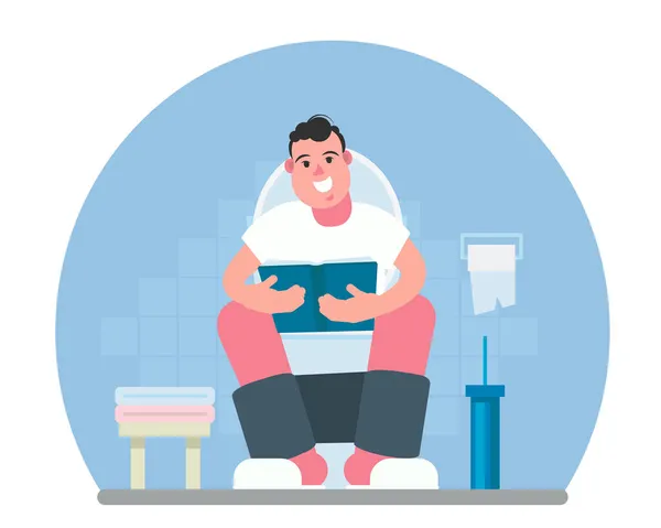 Smiling Man Reading Book Toilet Flat Vector Illustration — Stock Vector