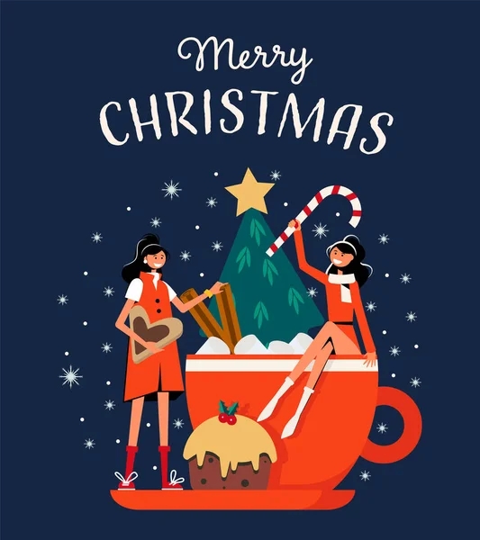 Carte Vœux Noël Avec Jolies Filles Une Tasse Cacao Café — Image vectorielle