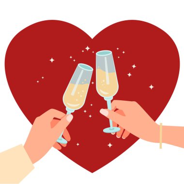 Bir erkek ve bir kadının elleri bir bardak şampanyayı bir kalbin arka planına tutuyorlar. Düz Çizim.