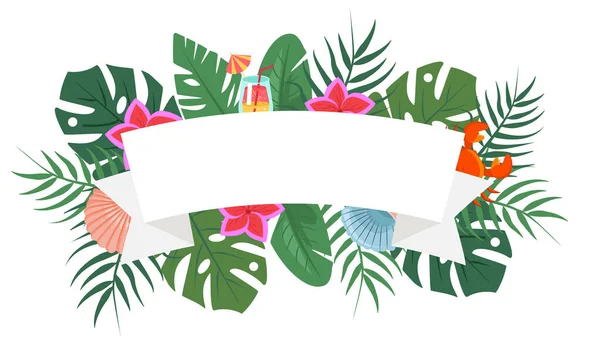 Fond Tropical Été Avec Feuilles Fleurs Coquillages Crabe Cocktail Contexte — Image vectorielle