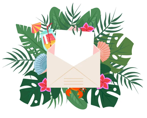 Umschlag Mit Leerem Blatt Zur Beschriftung Tropischen Blättern Blumen Und — Stockvektor