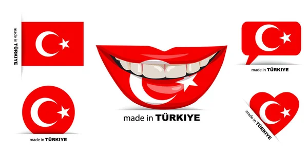 Feito Turquia Conjunto Ícones Feito Turquia Coração Círculo Diálogo Bandeira — Vetor de Stock