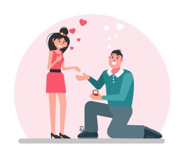 Adam kadına evlenme teklif eder ve nikah yüzüğü verir. Bir evlilik teklifi. Düz biçimli vektör illüstrasyonu.