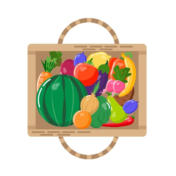 有水果和蔬菜的篮子 从上面看平面样式矢量图解 — 图库矢量图片