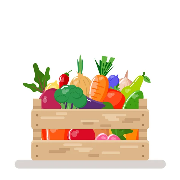 新鲜的水果和蔬菜装在木箱里 矢量说明 — 图库矢量图片
