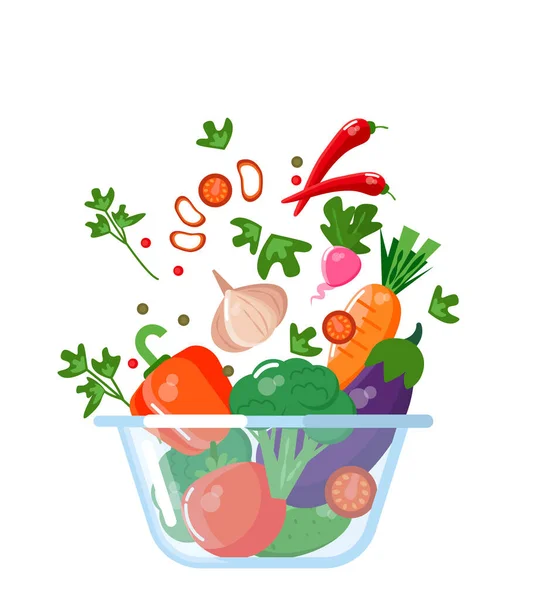 Glassalladsskål Med Färska Grönsaker Matlagningsprocess Vektorillustration — Stock vektor