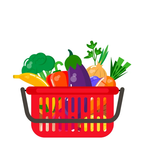 红色食品篮里的新鲜水果和蔬菜 矢量说明 — 图库矢量图片