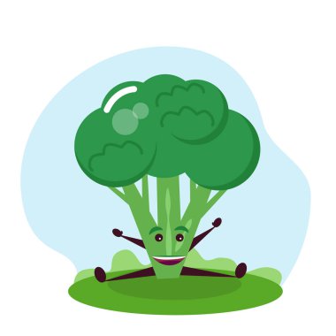 Komik brokoli karakteri. Çocuklar için çizgi film tarzında vektör illüstrasyonu.