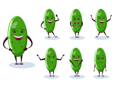 Salatalık seti - karakter ve duygular. Antropomorfik kahraman. Çizgi film tarzında vektör illüstrasyonu.