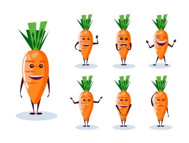 Havuç seti - karakter ve duygular. Antropomorfik kahraman. Çizgi film tarzında vektör illüstrasyonu.