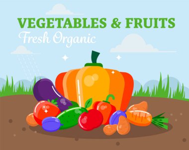 Sağlıklı gıda konsepti. Vektör sebze ve meyve. Çiftlik organik ürünleri.