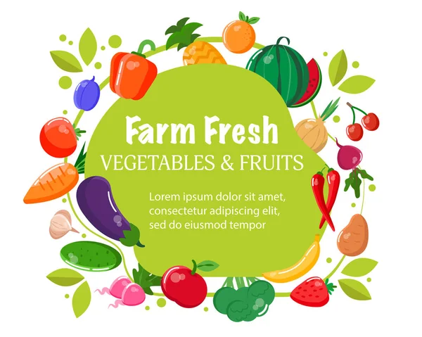 Background Farm Products Fresh Vegetables Fruits Vector Illustration — Stock vektor