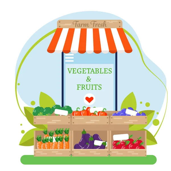带雨篷的手机和带有新鲜农产品的信息亭 环保蔬菜和水果 平面样式的矢量图解 — 图库矢量图片