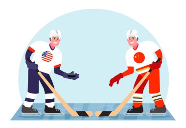 Buz hokeyi oyuncuları. Amerika ve Çin arasındaki rekabet. Düz bir şekilde vektör illüstrasyonu.