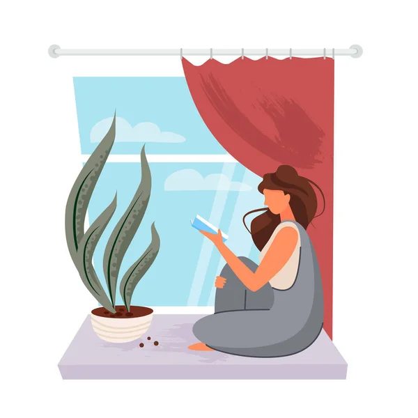 Girl Reads Book Windowsill Window Flower Vector Illustration — Stock Vector