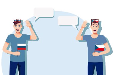 Rus ve Çek bayraklı adamlar. Uluslararası iletişim, eğitim, spor, seyahat, iş. Rusya ve Çek arasındaki diyalog. Vektör illüstrasyonu.